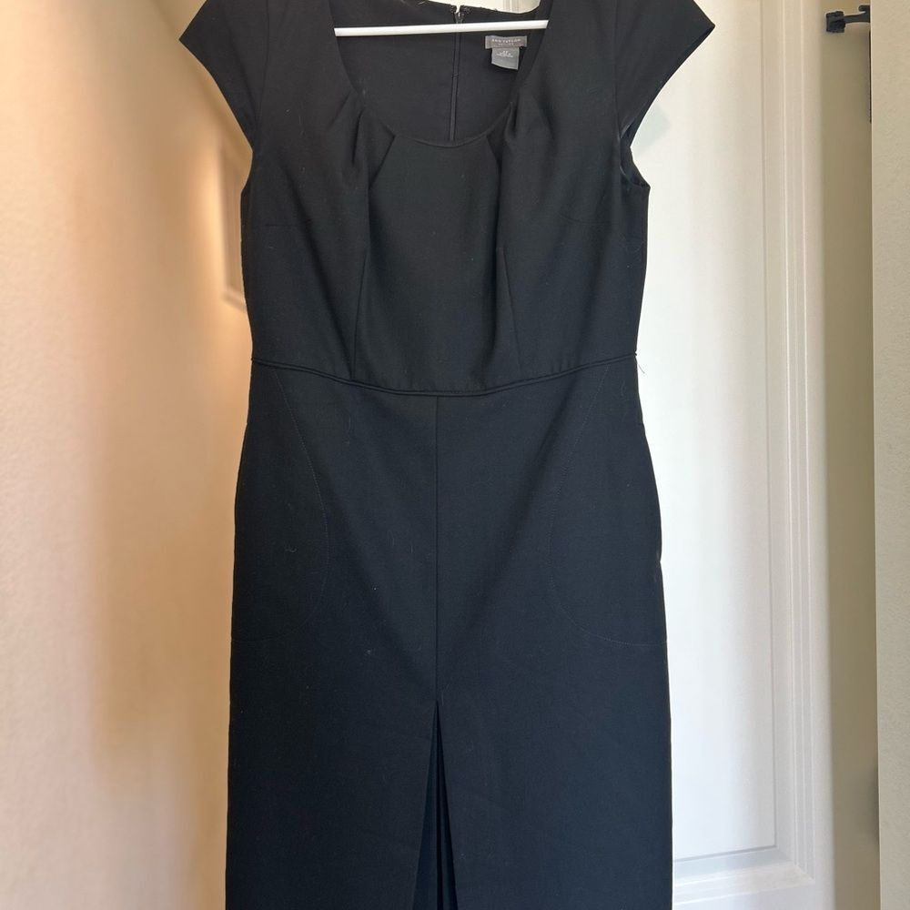 Ann Taylor Petites Black Midi Sheath Dress with Scoop Neck and Pockets